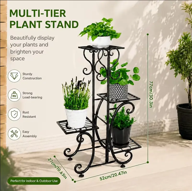 Indoor Plant Stand Flower Rack, 4 Tier Multi-Functional Metal Display Stand For Multiple Indoor Plants & 6-Pot Metal Plant Stand, Irregular Shape Plant Stand For Patio, Living Room, Study, Bedroom, Good Gift For Plant Lovers