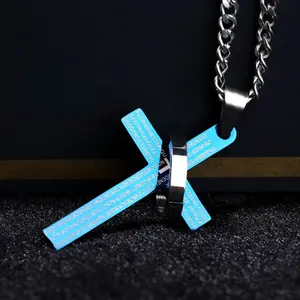 Blue Ice Lord's Prayer Cross Buckle Necklace for Women, Stainless Steel Durable Color-Preserving Faith Pendant, Crucifix Religious Statement Cross Necklace, Cross Necklace Women