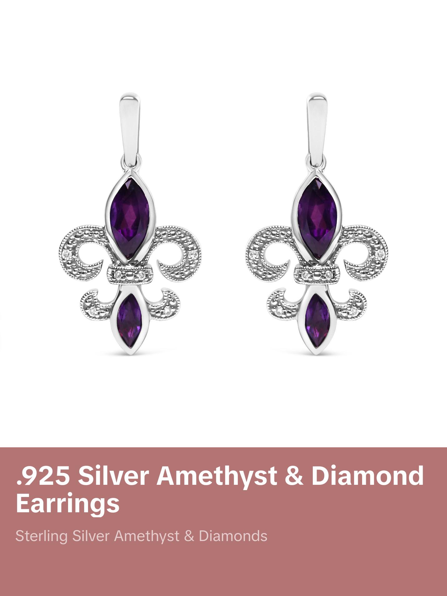 .925 Sterling Silver Marquise Cut Amethyst and Diamond Accent Fleur De Lis Dangle Stud Earrings (H-I Color, SI1-SI2 Clarity)