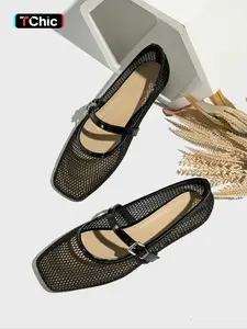 Women's Fashionable Solid Color Hollow Out Design Mary Jane Shoes, Casual Comfortable Square Toe Flat Shoes for Summer, Lightweight Breathable Shoes for Daily Wear, Girl, Casual Flats
