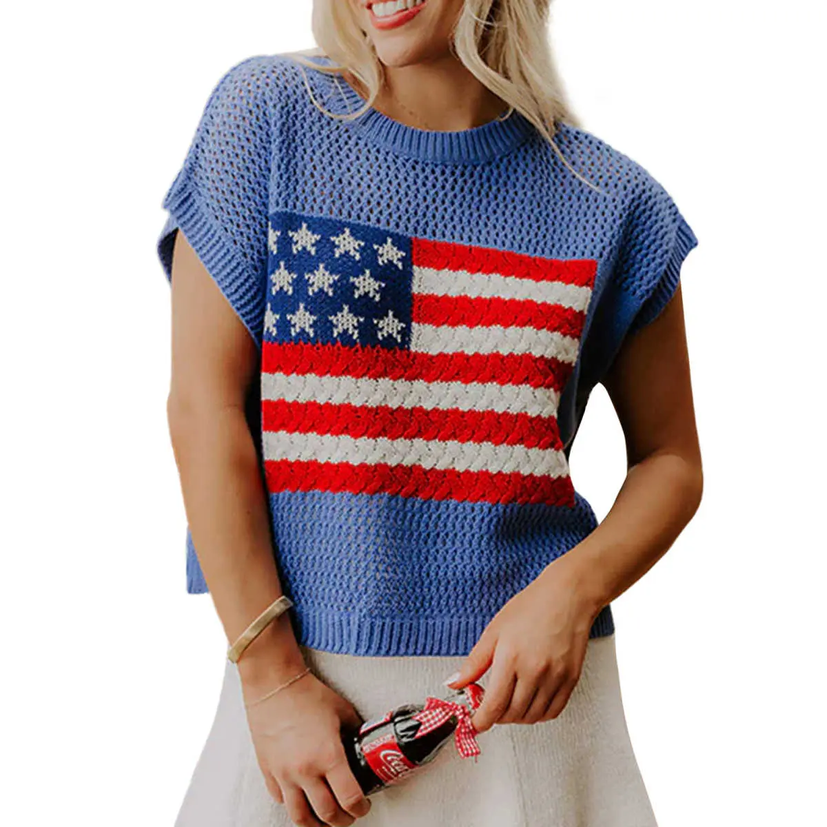 Women's American Flag Knit Sweater, Casual Patriotic Short Sleeve Top with a Straight Loose Fit and Crew Neck, Round Neck, Patriotic Print, Shortsleeve, 100% Acrylic, Knit Pullover, Loose-Fitting, Style, Relaxed Cut