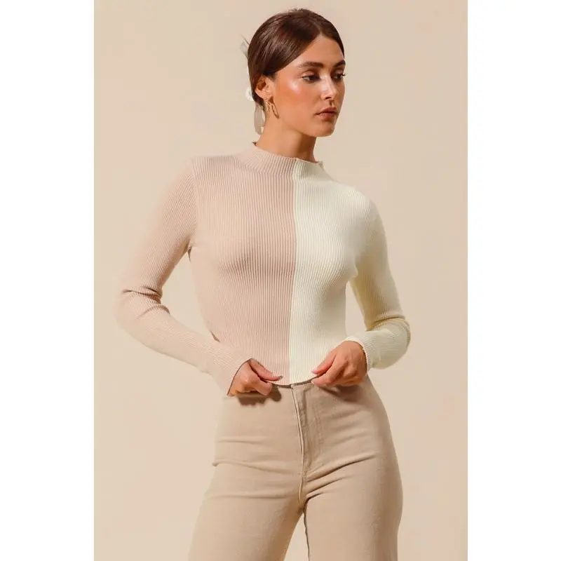 SO ME Color Block Fitted Crop Sweater Top - Beige & Cream Ribbed Knit Long Sleeve Slim Fit Winter Pullover for Casual & OL Wear