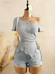 Fashion Asymmetrical Shoulder Top for Women, Womenswear Knitted Ribbed Hem Short Sleeve T-Shirt with Adjustable Side Tie, Stylish Casual Wear