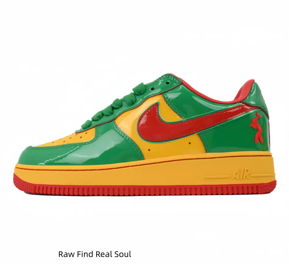 Stunning glossy tri color reggae patent leather sneakers! Green yellow red block design with unique heel embroidery, perfect for hip hop street fits #HipHopShoes #ColorBlockSneakers #StreetwearKicks