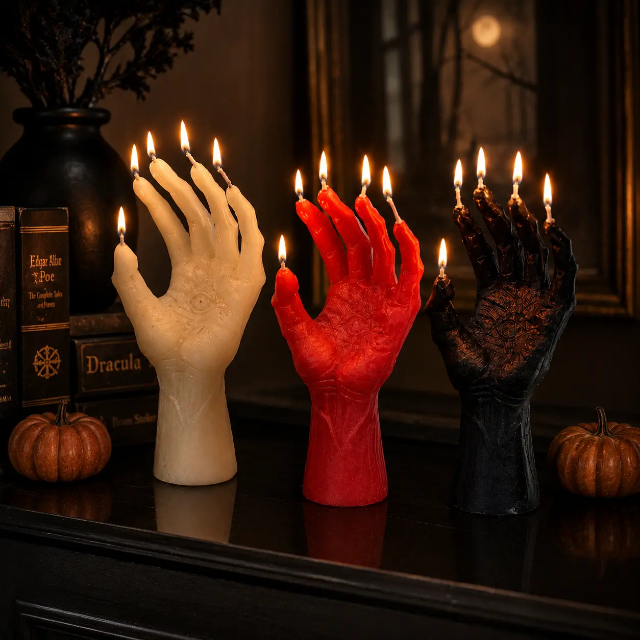 Multi-Color Zhang Wen Palm-Shaped Candle with Mysterious Eye Details, 7.87in Sculptural Wax Candle with Light, Gothic Halloween Decor for Table, Room, Unique Gift, Drip
