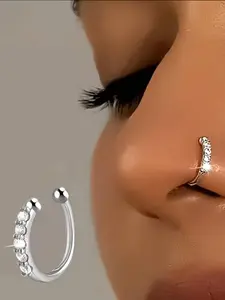 Trendy Diamond Studded Ear Clip Nose Ring, Unisex Stainless Steel Body Jewelry, Nose Piercing Jewelry, Perfect for Daily Wear, Vacation Dates, Exquisite Small Gift