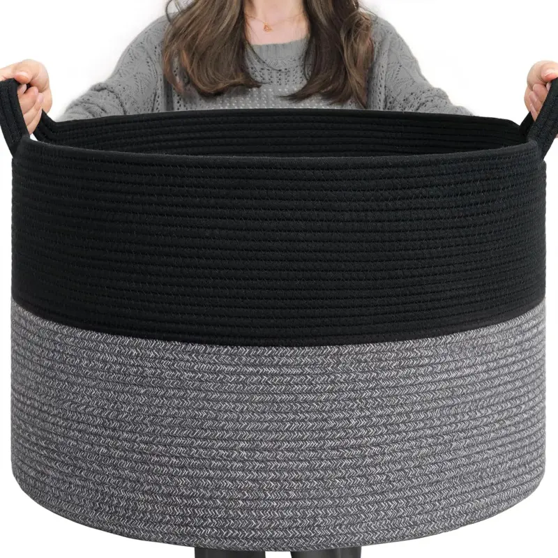 XXXLarge Cotton Rope Basket Woven Laundry Baskets Blanket Baskets Basket with Handle Comforter Cushions Storage Bin Thread Laundry Hamper - 21.7" x 21.7" x 13.8" :