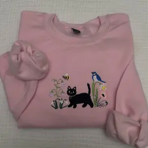 Spring floral meadow BLACK cat embroidered sweatshirt