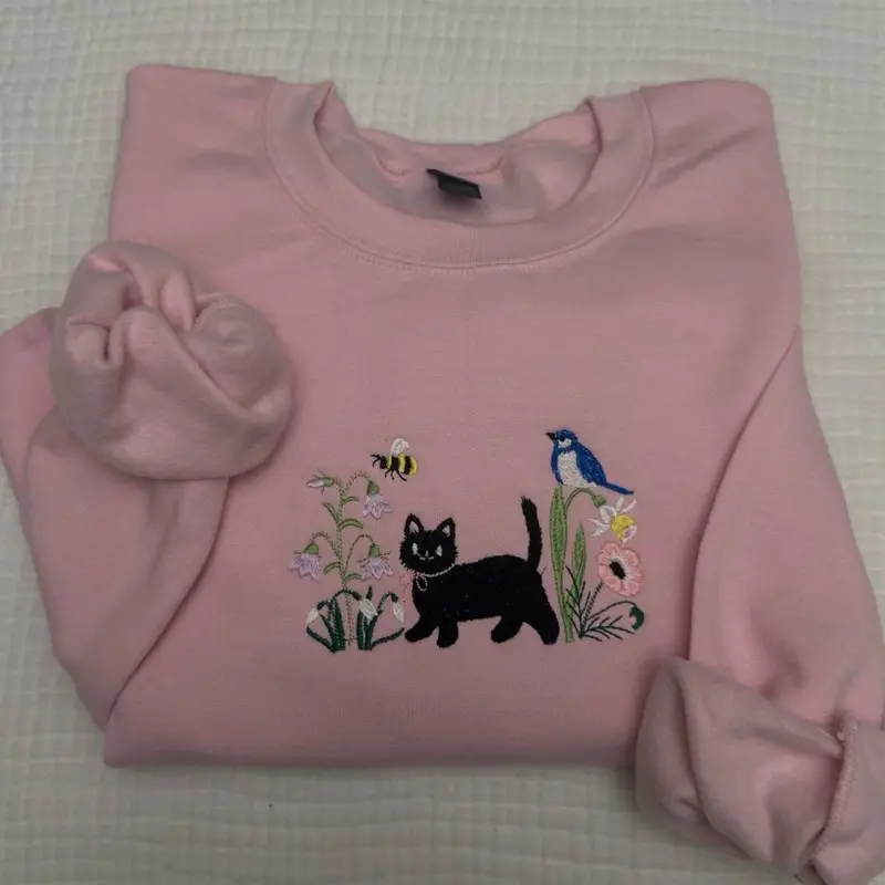 Spring floral meadow BLACK cat embroidered sweatshirt Spring floral meadow BLACK cat embroidered sweatshirt