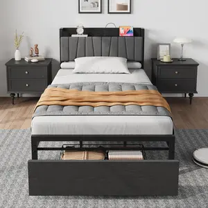 Twin Size Bed Frame with Storage Headboard, Black Twin Platform Bed with Large Drawer and Charging Station, Industrial No Box Spring Needed Bedframe