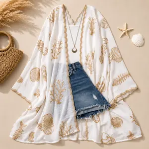 Vallarta Seashell Embroidered Kimono Beach Cover Up