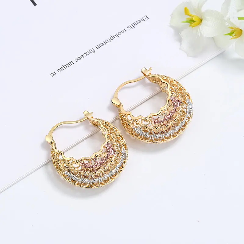 18-Carat Layered Real Gold-Plated Tri-Color Round Hoop Classic Style Statement Earrings #32, Classic Style Earrings, Gold Statement Earrings