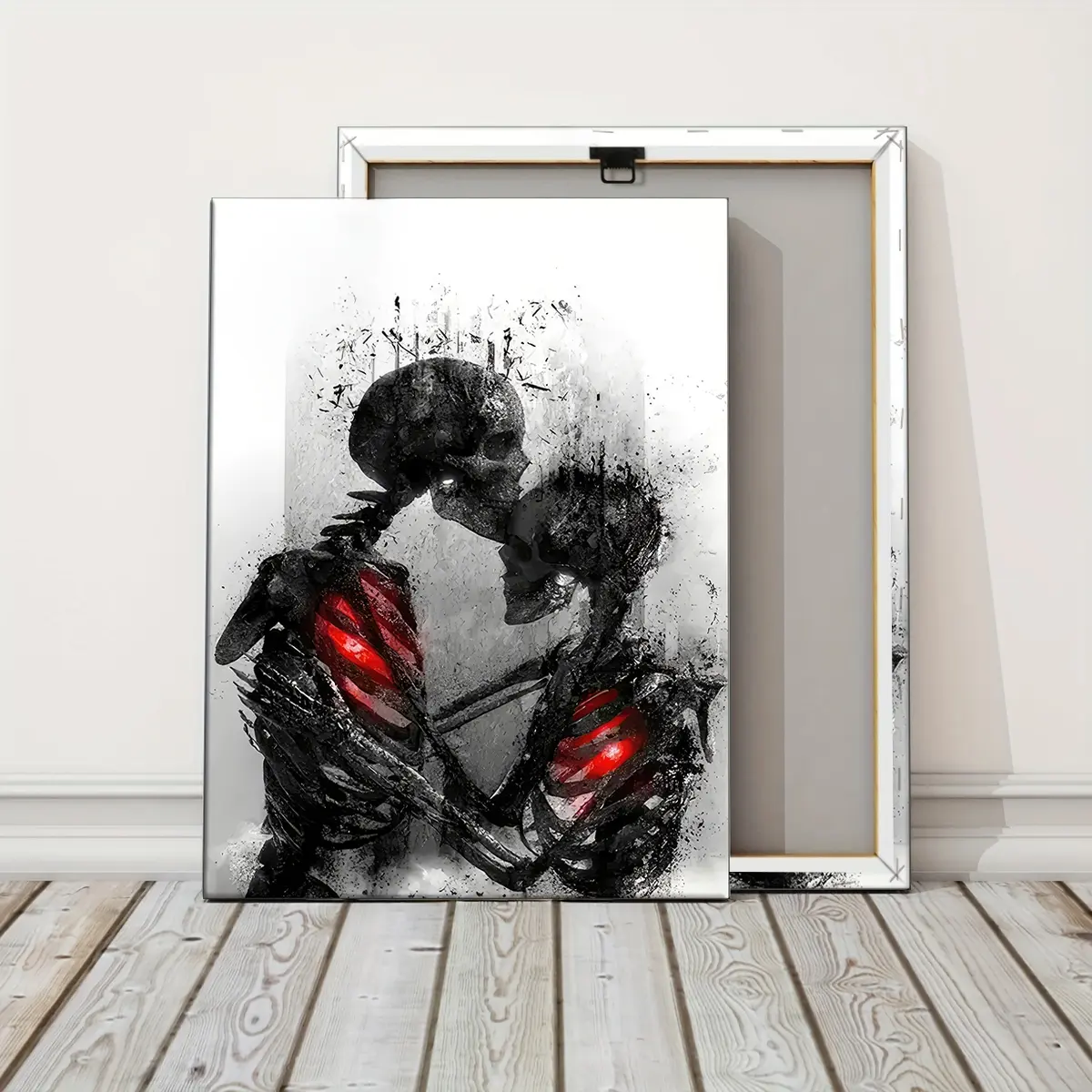 1 Count Wooden Framed Romantic Hugging Couple Skull Wall Art, Skull Love Decor, Romantic Skeleton Design Canvas Posters, Gothic Wall Decor, Couple Wall Art, Ready To Hang, Gift Idea, Couple Canvas Painting, Art Work For Wall Decor