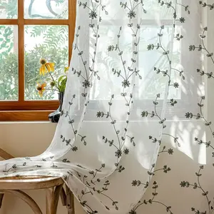 2-Panel Leaf Flora Embroidered Farmhouse Semi-Sheer Voile Home Decoration Curtain, White Sage Green, 53x84 Inch for Living Room Bedroom Window Treatment