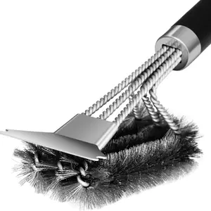 18'' BBQ Grill Cleaning Brush Scraper, 3 in 1 Barbecue Woven Steel Wire Brush, Stainless Grill Grate Cleaner for Weber Gas, Charcoal, Electrical, Infrared, Portable Barbecue Utensils