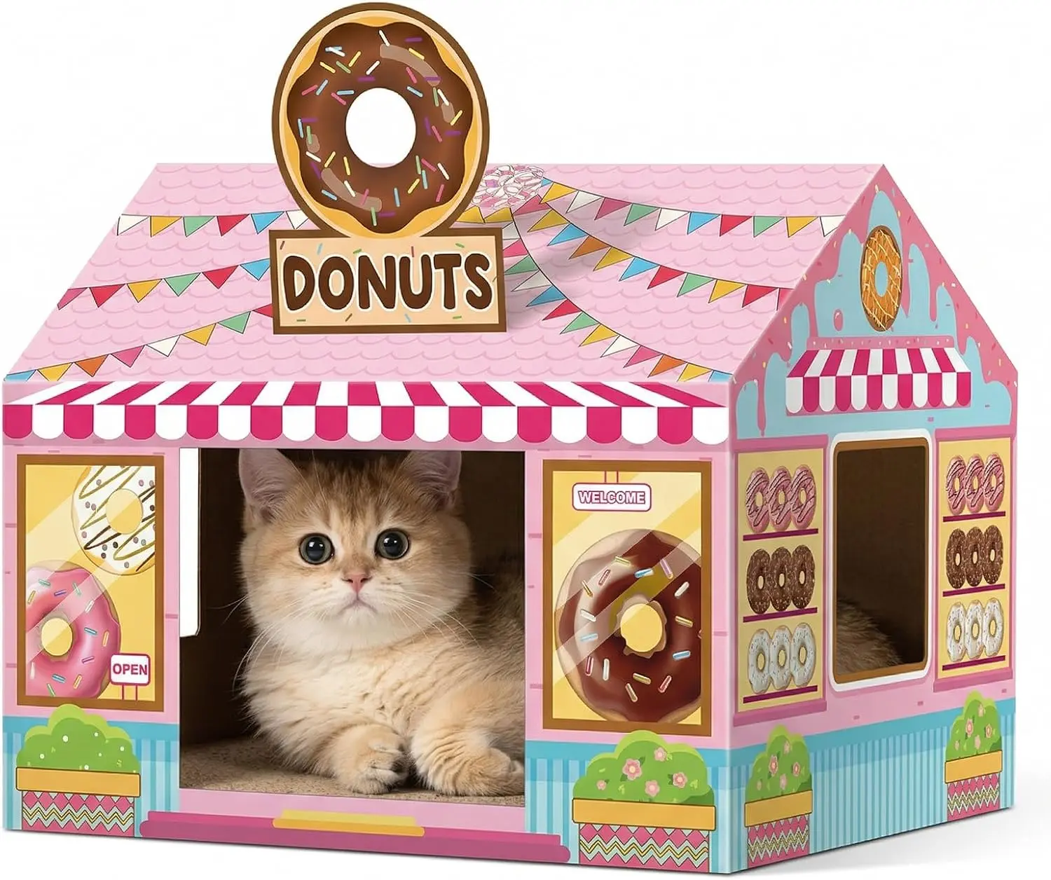 Donut Shop Cardboard Cat House Cat Scratch House with Scratcher Kitten Hideaway Playhouse Bed with Scratching Pads Cardboard Scratch Box for Indoor Outdoor Cats Bunny Small Animals Gift Supplies