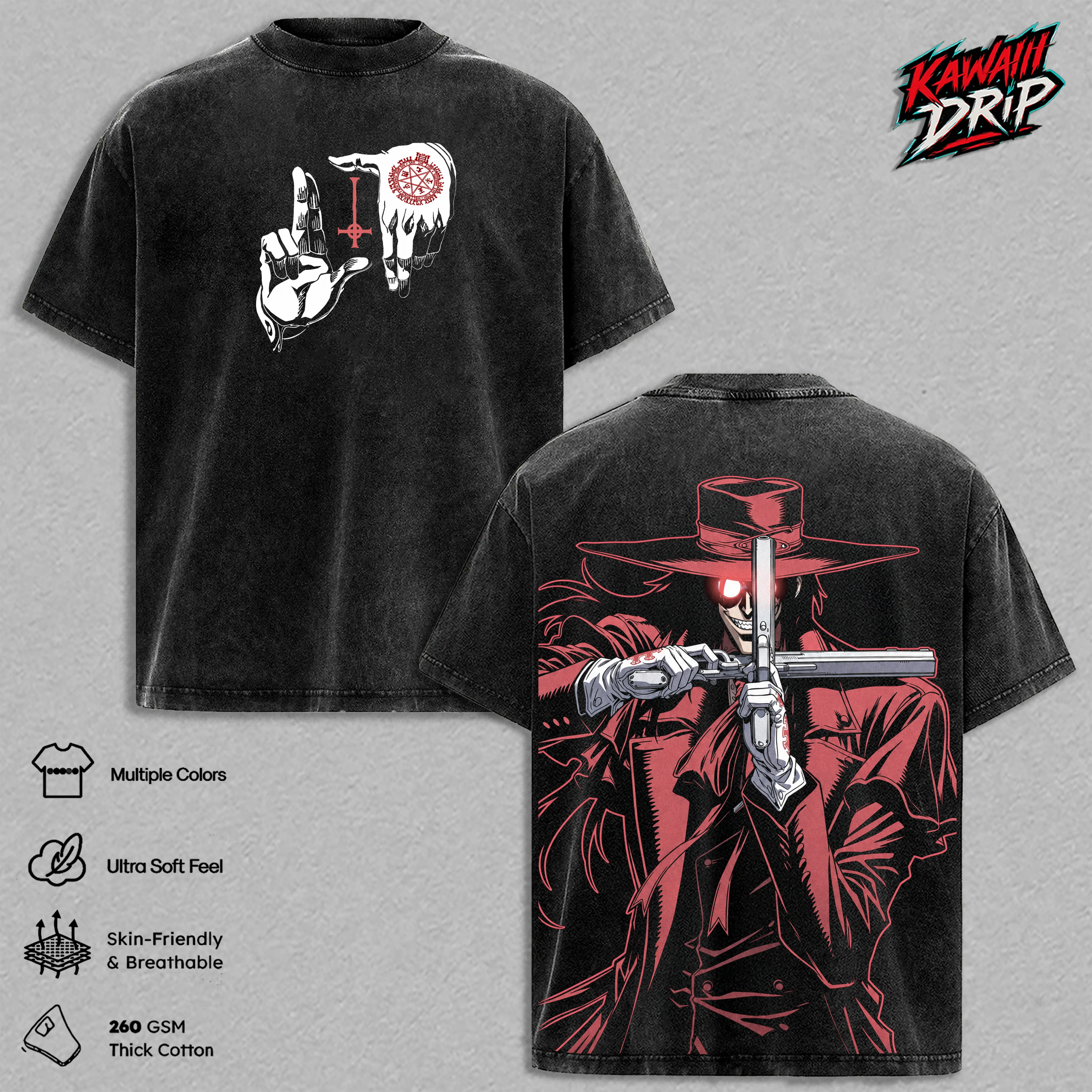 Alucard Hellsing Ultimate Vintage Washed T Shirt Vampire Anime Graphic Tee Hellsing Oversized Streetwear Cotton Tshirt Classic Menswear Clothes Apparel Gift for Hellsing Fans Men & Women