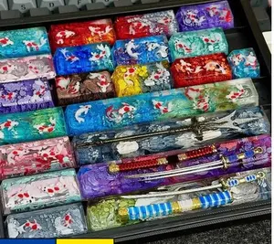 Handmade Resin Artisan Keycaps, Japanese Samurai Sword & Koi Pond Design, Custom Keycaps for Cherry MX Switches, Anime Keyboard Accessories
