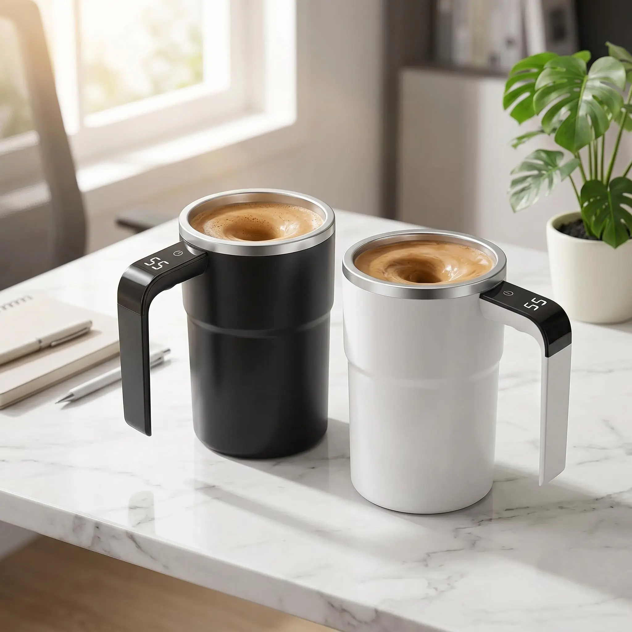 Smart Coffee Tumbler - USB Rechargeable, Automatic Self-Stirring Electric Mixer, Stylish, Compact, Minimalist, Modern, Washable Coffee Drink Cup, Ideal Gift (Black/White)
