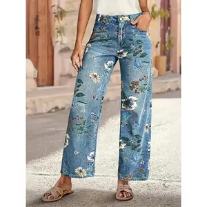 Women’s large stretch retro high-waisted round-neck denim jeans with a bright floral print — casual retro street pants, machine washable denim, side pockets GARMENTARY
