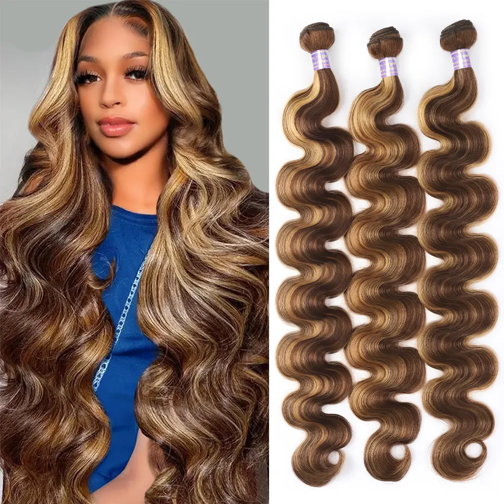 Allove P4 27 Honey Blonde Highlight Body Wave Bundles Brown Colored Human Hair Weave Bundles 10-30 Inch Flipover Quick Weave Extensions