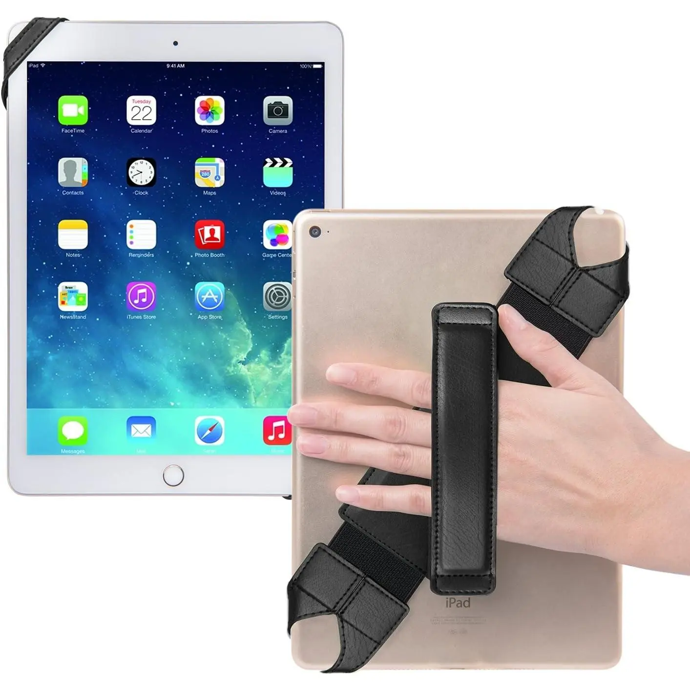 Black Universal PU Leather Tablet Hand Holder Strap Accessory - 360° Swivel Rotatable, Adjustable Handheld Grip, Stretchable Elastic Belt, Comfortable Feeling, Secure & Portable Fit for 10.1" (10.1 Inches) Tablets (Samsung, Asus, iPad Etc)
