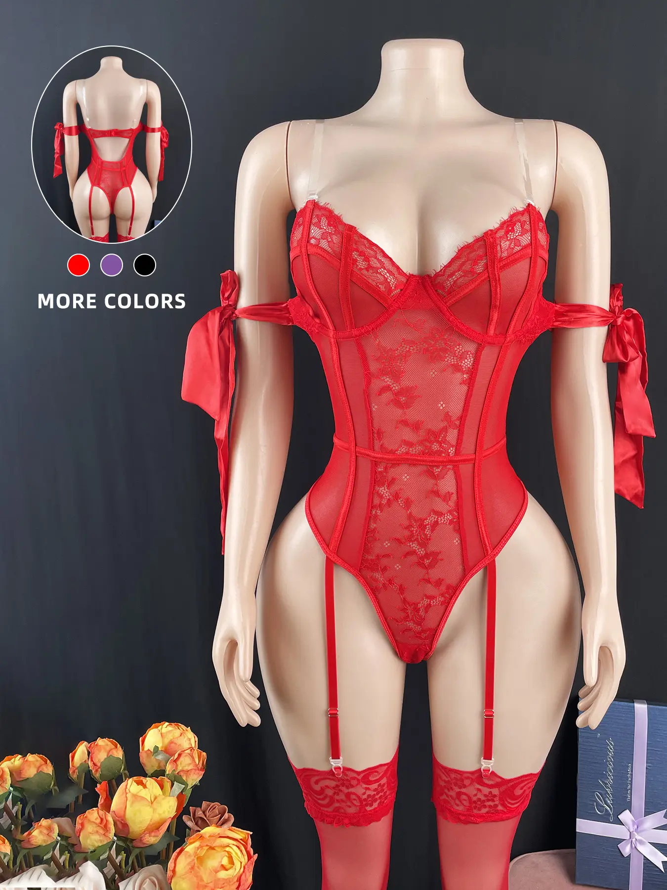 5-piece jumpsuit (with steel rims/paired with a pair of stockings/paired with a pair of transparent shoulder straps),  seductive lace elegant temperament charm quality with a pair of stockings women's sexy jumpsuit   Halloween Plus Size Lingerie Corset