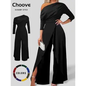 PlainRuchedWrapSplitHemJumpsuitforWomen,ChicFitModernElegantWideLegJumpsuitforDatingDailyWear,OverallsforWomen,LadiesClothesforAllSeasons,Clothing,Womenswear,Jumpsuitwomen