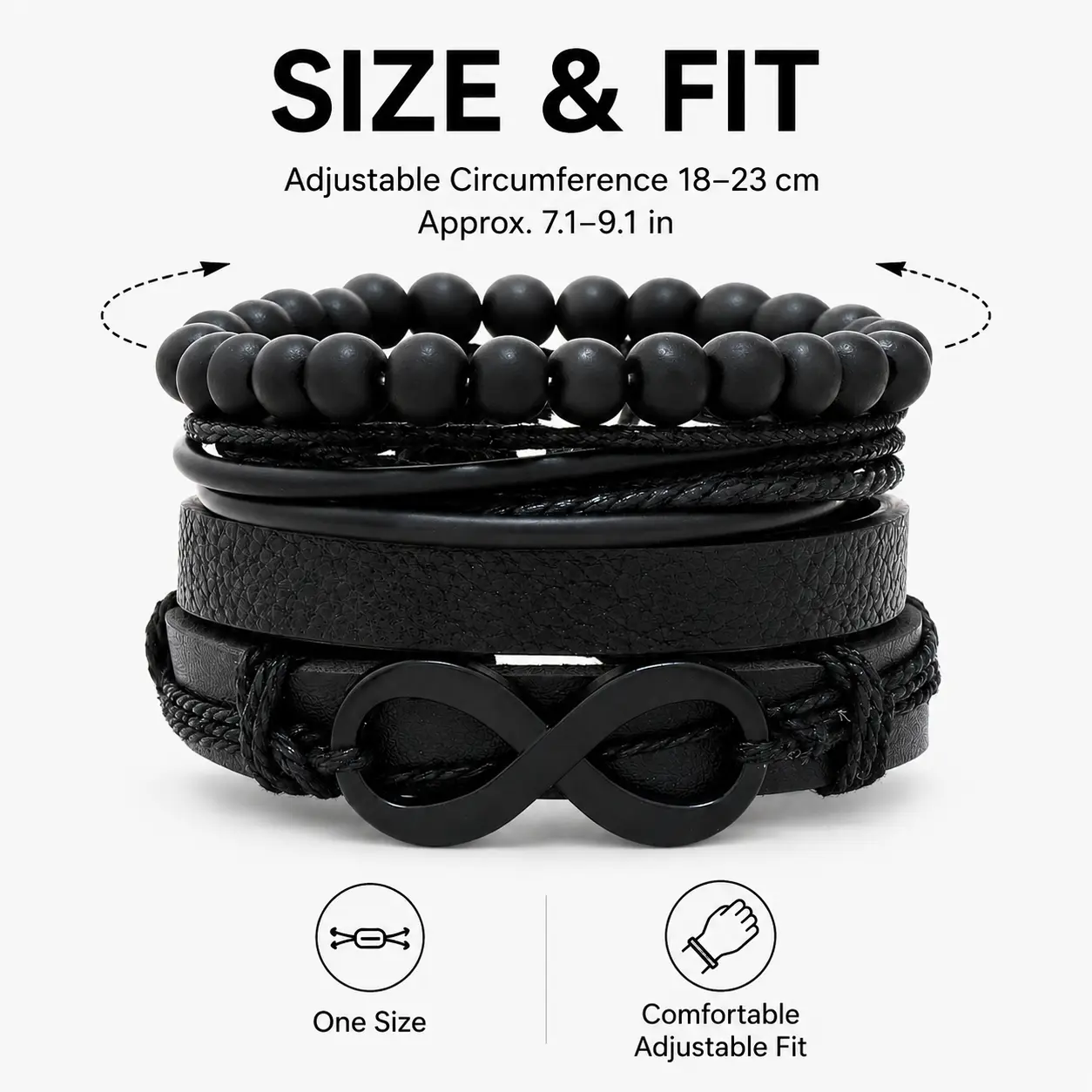 Men's Modern Layered Bracelet Set with Braided Leather, Matte Beads & Infinity Symbol - Adjustable for Daily Wear, 18–23 Cm Circumference, Daily Wear Jewelry, Beaded Stack, Bracelets, Beaded Bracelet Set
