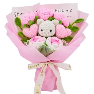 Handmade Pink Crochet Flowers Bouquet with Roses Knitted Heart Christmas Gift Wrap Decor Ornament for Girls Kids Birthday Anniversary Valentinesday