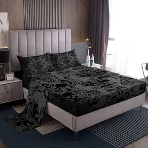 Feelyou Adults' Black Damask Comfy Decorative Microfiber Bedding Set - Antique Victorian Baroque, Gothic Vintage Floral, Exotic Sugar Skull Flat & Fitted Sheets, Comfy Bed Sets, Decorative Bedsheet Sets