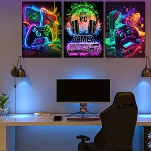 Cool Gaming Headset Decorative Wall Art Set, Colorful Print Posters for Game Room, Internet Cafe, Bedroom, Modern Home Frameless Decoration, Artistic Decor
