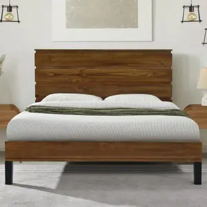 Mid-Century Modern Solid Wood Bed Frame Queen Size Platform Bed with Six-Piece Headboard Design, No Box Spring Needed, Brown-WF531015AAD