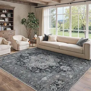 Vintage Dark Gray Area Rugs for Living Room, Machine Washable Non Slip Rugs, Low Pile Lightweigt Print Indoor Rug for Bedroom, Dining Room, Home Office