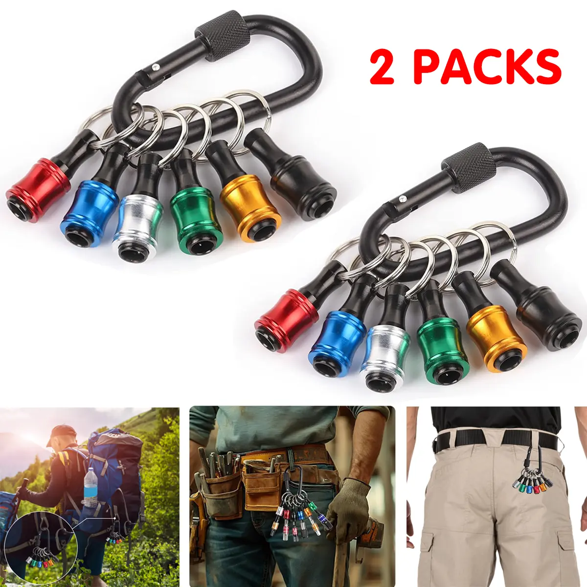 1/4 Inch Hex Shank Drill Bit Holder Keychain Tool - Durable, Color-Coded Keychain Screwdriver Bits Adapter with Buckle Clip, Quick-Change Portable Black Carabiner, Universal Compatibility, One-Handed