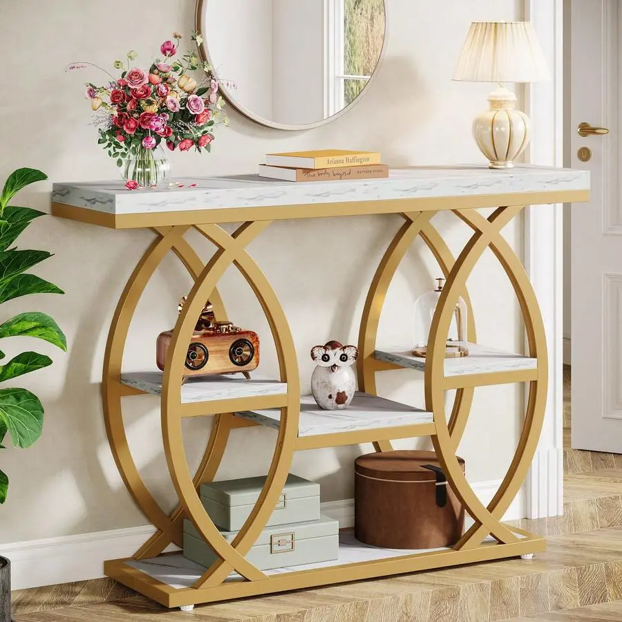 39.4" Console Table, Industrial 4-Tier Sofa Table Entryway Table, Narrow Wood Accent Table For Living Room, Hallway, Foyer, Rustic Brown