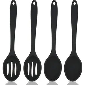 Pack of 4 Silicone Cooking Spoons Set,Large Silicone Serving Nonstick Mixing Heat Resistant Slotted Spoons for Kitchen Cooking Bake Stir(Black),Hand Tools Kits,Springtok