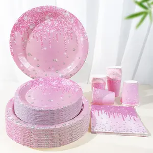 80PCS Pink Diamond Gilded Theme Dinnerware Set|Disposable Birthday Party Supplies|Festival Party Tableware|Festival Gathering Decor|Plates Cups Pop Cups Napkins Included|Party Plates And Cups And Napkins Sets|Serves 20 Guests