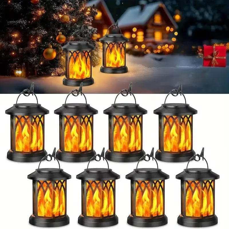 Solar Lantern Set Flickering Flame, Auto On/Off Up to 12Hrs, Hanging Outdoor Yard Decor Christmas Light for Garden New Year Present