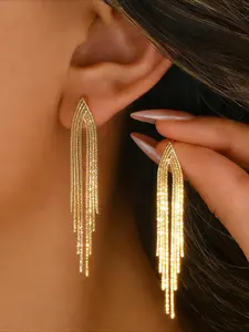 2pcs Gold Multi-Layer Tassel Long Earrings Shimmering Chain Dangle Design Suitable for Dinner Parties, Date Outfits, Fashion Jewelry Party Face-Flattering & Small-Face Effect Fashion Jewelry