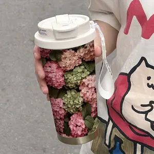 17oz 316 Stainless Steel Pink and Green Hydrangea Insulated Mug, Retro Country Style, with Coffee Strap, Long-lasting Insulation, Suitable for Commuting, Travel, and Students. Ideal for Car, Home, Office, and Travel. Makes a great gift.