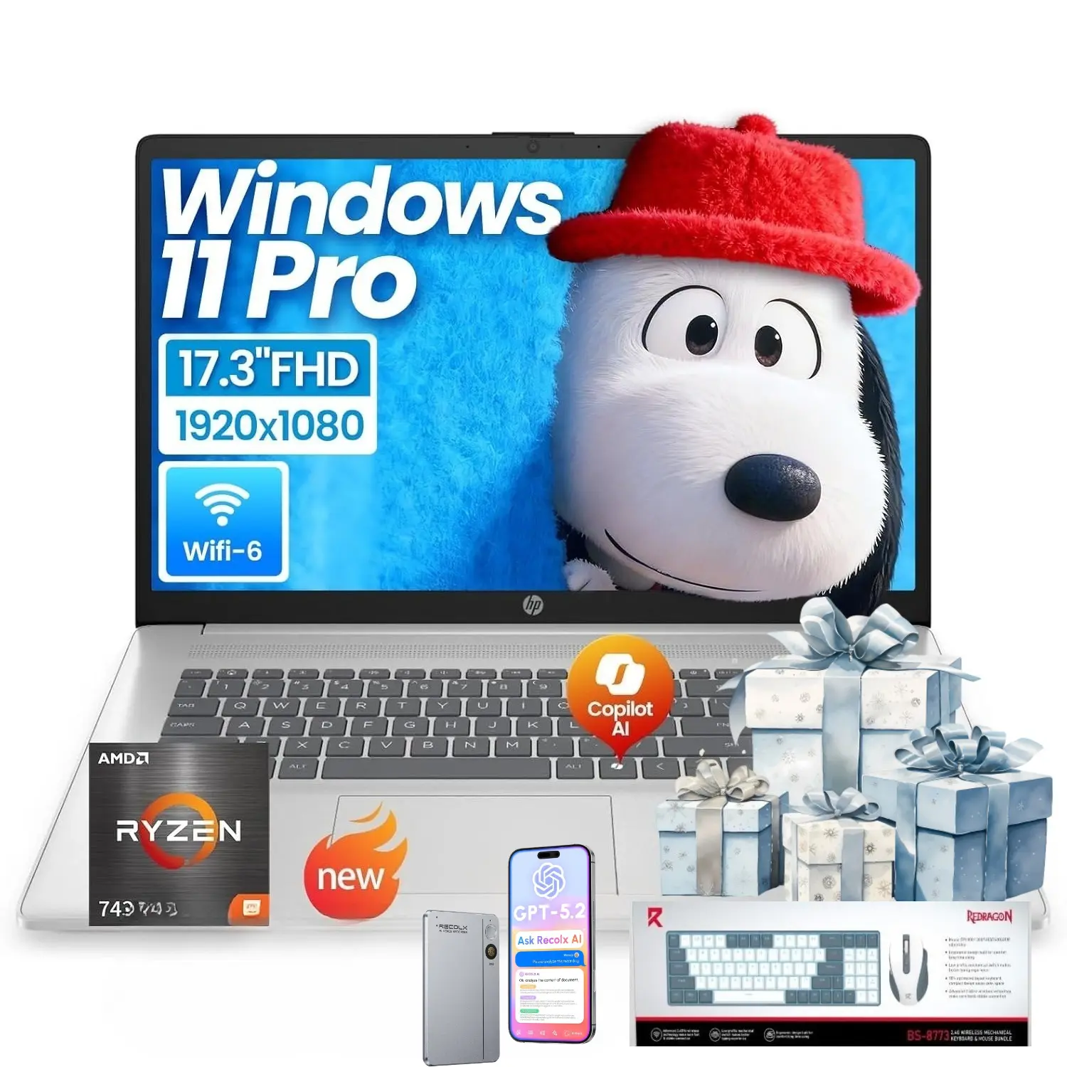 HP 17.3” FHD Anti-Glare Display Multitasking Laptop - AMD Ryzen 5 7430U, up to 32GB RAM, 512GB Solid State Drive, Windows 11 Pro, Wi-Fi 6, Fast Charging, for Business & Students, Bundle Accessory, Multitasking Laptops