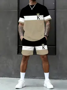 Men's Casual Sportswear Set, Streetwear Tracksuit Set, Athleisure Sportswear Set, Three-Color Patchwork Short Sleeve Tee, Geometric Design, Geometric Pattern, Fitted Crop Top, Perfect for Gym & Daily Wear, Sporty Casual Wear, Athleisure Summer Clothes