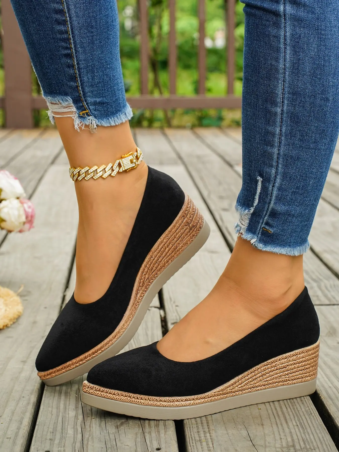Women's Pointed Toe Velvet Wedge Slip-On Pumps, Elegant Medium-Width Fit, Soft Fabric Upper, Rubber Sole, Versatile Style Shoes, Summer Wedges
