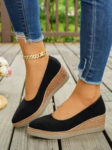 Women's Pointed Toe Velvet Wedge Sandals, Elegant Low Heel Shoes, Comfortable Medium Width, Soft Fabric Upper, Rubber Sole, Versatile Style