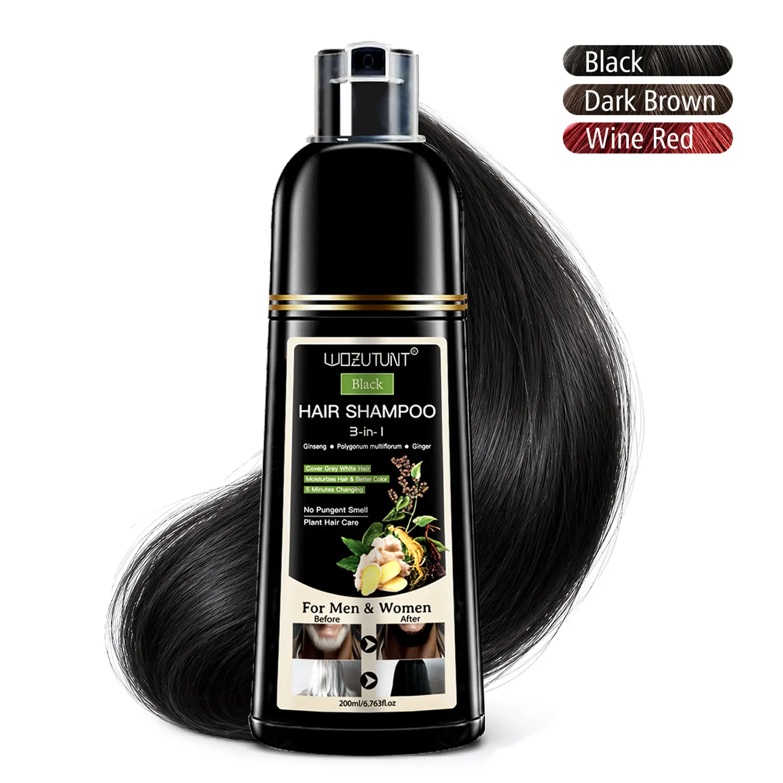 3-in-1 Hair Dye Shampoo Herbal Formula with Ginseng Covers Gray Hair Natural Plant Haircare for Salon-Quality Results Silky Smooth Coloring Gentle Conditioner for man&women
