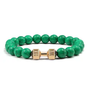 Barbell Bracelet for Men and Women - Unisex Green Bead Bracelet with Gold Center, 18CM Length, 8MM Beads, Fashionable and Functional Design boyfriend gifts Teen Boys