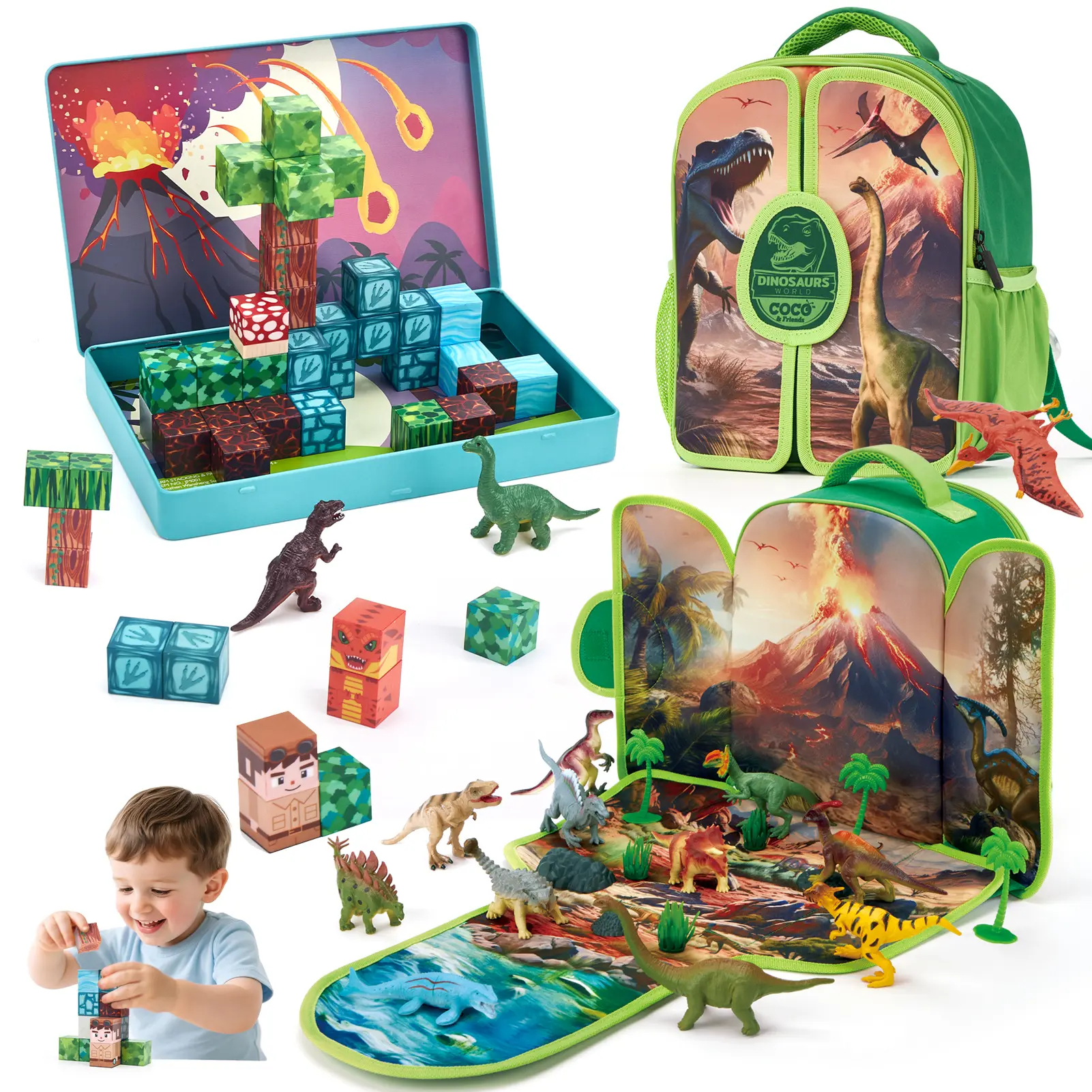 Portable Dinosaur Backpack Play Set with Foldable 3D Mat for Prehistoric Play / hahaland 52 PCS Mini Dinosaur Magnetic Blocks with Magnetic Case,Dinosaur Toys for Kids 3-5Year Old,Open Ended Toys for Christmas Birthday Easter Gifts Toyset Role Play Set
