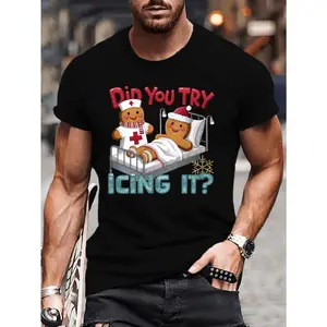 [Big & Tall Men's Graphic Tee] Big & Tall Men's Summer T-Shirt - Gingerbread Nurse Graphic, Casual Short Sleeve Tee, Breathable Polyester, Machine Washable, Plus Size, Daily Life, PLUS SIZE