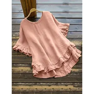 Women's Plus Size Summer Casual Elegant Loose Fit Short Sleeve Blouse - Soft Pink Ruffled Sleeve Round Neck Cotton-Rayon Blend Top, Machine Washable & Breathable for All-Season Wear, Ladies Tops And Blouses for Summer